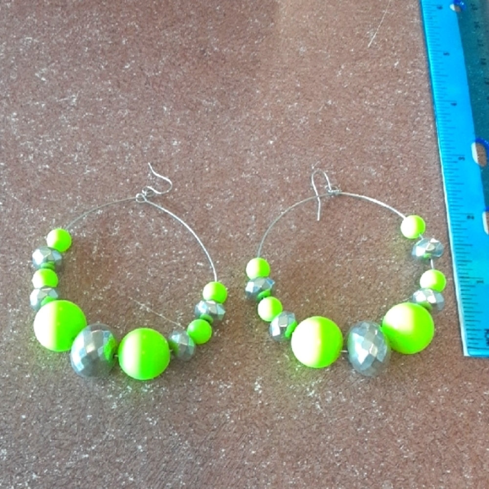Neon Green and Silver Tone Hoop Earrings
